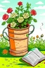Placeholder: Rose flowers book cover in a bucket, in a garden, toddlers style, cartoon style,