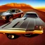 Placeholder: muscle car, married couple driving, desert road, sunset, full colour,