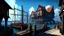 Placeholder: gothic medieval wooden harbour with piers and ships, people, shops, bridges, arches, balconies, taverns, blue sky, photorealistic