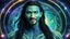 Placeholder: beautiful gorgeous young man na'vi with long hair, Avatar, blue skin, two small ears, green eyes, black hair, in cosmic suit, galactic ambiance, medium pointy goatee , smiling, nebulas and sacred geometry light figures on the backgroud,