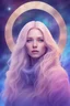 Placeholder: beautiful cosmic traveller woman, blonde hair, blue, purple, pink, gold, light aurora background