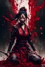 Placeholder: Tall girl samurai, face distorted with pain, screaming, tears streaming from eyes, siting pose, fullbody, splashes blood, behind guts rising from the ground, intricate, darkred tones, macro photography,