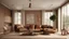 Placeholder: Home interior mock-up with brown leather sofa, table and decor in living room, 3d render