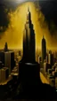 Placeholder: oil painting of a high building city of gold That lies in the distance with big black hooded shadow in the background
