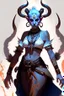 Placeholder: A full body image of this tiefling woman she has fire powers, she is floating she has lots of jewelry and the horns of a ram and also the horns of a gazelle, her outfit is white and her body is covered in tribal tattoos, she is about to attack