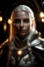 Placeholder: portrait of a beautiful female elven young paladin, messy white hair, pale white eyes, pale skin, dressed in an ornamented light plate armor, wearing a hood and a silver circlet, confident, evil, unholy symbol, standing in a tavern, realistic, dim torch lighting, sexy, cinematic lighting, highly detailed face, very high resolution, looking at the camera, centered