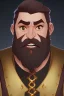 Placeholder: Medieval Fantasy Bearded strong man wearing a thick fur-lined merchant's coat, wearing gold rings, divine, halo, happy smiling, portrait, high definition, realistic, long hair, dynamic lighting, volumetric lighting, mustache