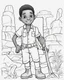 Placeholder: coloring page, depicting a black boy as a Archaeologist, full body, outline, black and white, highly defined, white background, empty background, cartoon style, coloring book style