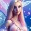 Placeholder:  beautiful, soft, whide smile face,whole head, long blonde straight hair, blue eyes, fairy wings on the back, transparent crystal blue and pink clothes, background blue and pink, big definition, 8K