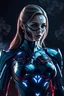 Placeholder: Supergirl, beautiful AI woman, busty, black chrome and tech, futuristic, armor, hyper realism, dark background with illuminated smoke