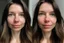 Placeholder: A selfie of a brunette woman, middle long hair, showing a 29-year-old European woman. She has brown hair, face without makeup, cute nose, detailed full lips, skin texture. Split screen and show the same face but without wrinkels and younger .