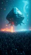 Placeholder: A field of random people in a bright lighting , at the end of the picture a huge complicated details texture of a blue dark colorful aliens spaceship , lot of rockets and falling stars filling the picture