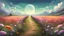 Placeholder: illustration {a scene showing a path leading away from the viewer in a field of flowers} digital art, semi-realistic, fantasy, dreamscape