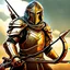 Placeholder: fantasy tcg art of a sci-fi crossbow soldier man with knight mask