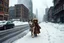 Placeholder: long shot panoramic of desolate post-apocalyptic street in an empty destroyed crumbling smoking city, post-apocalyptic winter dystopia, large husky dog walking down middle of snow-covered street beside a little girl dressed in steampunk snow goggles, head-wrapping, and heavy robes; winter, freezing, massive snow drifts, snow and ice particles, dramatic