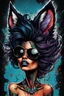 Placeholder: highly detailed full color, caricature concept illustration of a seductive female Black Fox rock singer , maximalist, sharp focus, highest resolution, in the styles of Ralph Steadman, Alex Pardee, Denis Forkas , and Masahiro Ito, boldly inked, 8k, coarse, gritty textures