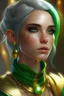Placeholder: Beautiful D&D character portrait, humanoid half elf, female, colorful fantasy, detailed, realistic face, digital portrait, intricate clothes with silver, gold and black, Fiverr dnd character, wlop, stanley artgerm lau, ilya kuvshinov, artstation, HD, octane render, green hair, hyperrealism