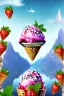 Placeholder: strawberry ice-cream on mountaintop, lake, trees, mystical, Post-painterly abstraction