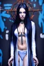 Placeholder: super cute woman, latin, good body, nice body, athetic body, long blue and black haired, no dressed, nun fantasy black costume, necklace cross, intrincate details. serious look, coquette, big blue eyes, wall graffity art background.