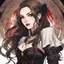 Placeholder: A portrait headshot of a confident looking young woman with pale skin and long brown hair in a dark fantasy setting with intricate details. She is wearing black and read leather, has blood-red eyes, an air of malevolent power surrounds her. mage. Anime style. High definition.