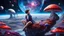 Placeholder: beautiful women sitting withoutt bro, on blue, red, purple mushroom in space, planets at the back ground, space ships, hyper realistic.