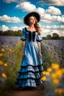 Placeholder: fullbody girl makeup wearing a victorian dress walking in country side ,flowers ,pretty clouds in blue sky