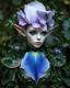 Placeholder: ivory skined flower elf single extra large lavender gold trimmed deep blue bottom iris flower top of head tons of vines trailing shoulders with tons of small leaves female blue eyes green leather armour small pointed ears