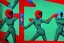 Placeholder: Dark green to cyan body color. Girls with slim body. Pointing with a hand gun. Man behind the image. Cyber-punk. Surrealistic, no eyes. Red and blue mathematical 3D-tiling. Escher tiling background. Oppressive atmosphere. Soviet propaganda. Partly symmetrical in relation to the movement. Perfect golden ratio in vertical and horizontal directions. Deep blue geometrical hexagon in 11th dimension. Narrow focal plane.