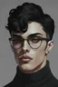 Placeholder: Short black hair, light skin, black turtle neck clothing, black glasses, earrings, grey eyes, black eye shadow, man