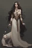 Placeholder: full body portrait of Cynara, the antagonist of a youth novel; she is a patron but became mean after a stroke of faith, she is beautiful, her patron animal is a unicorn, her stone is an auralith, her best friend is Elysia who is the light of life, Cynara has long dark hair, her appearance is like a greek goddess,