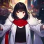 Placeholder: Clear focus, High resolution, rough line skecth, a anime kid, wearing a white coat with a red scarf, basic, wearing a black sleeveless crop top, black hair medium fluffy cut, streak of red on both sides of the hair