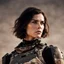 Placeholder: beautiful sexy caucasian female soldier, black metal body and limbs, visible cybernetic limbs, scratched sand camo, no armor, short brunette wavy bob haircut, dystopian, desert scene