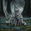 Placeholder: one gray bodyhair anthro wolf-woman hibrid hugs her two anhtro wolf-kid child on field, in background tall trees wirh big trunks, rain, down on blue-green moss, hug each other , rainy day, high contrast, high detalied, atmospheric, dark fantasy, sci-fi mood