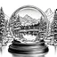 Placeholder: create a realistic magical snow globe scene with a cottage next to a snowy lake, with mountains and trees below,snow globe on a detailed stand, bold lines, black and white, high contrast, black outline, realistic in the style of line art, in the style of coloring book, clear white sky, white background, line ART