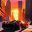 Placeholder: vampire city street morning sun is rising and starting to appear above sky scrapers cartoon, street tarmac is one whole piece and a black ferrari with exact detail as enzo ferrari is on the street and exhaust coming from the rear