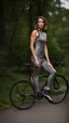 Placeholder: photography of a beautiful anorexic woman, grey satin triathlon top, sports illustrated, brunette short wavy bob haircut, pronounced sternum, flat chest, anthracite cycling leggins