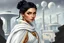 Placeholder: Realistic draw about young woman with black bun hair green eyes using a white greek dress and cape, hindu jewerly, black view, looking futuristic spaceport with high towers and spaceships landing