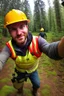 Placeholder: Red vested TF2 engineer with yellow hardhat taking a selfie at the forest