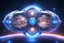 Placeholder: beautiful bright futuristic cosmic flat spaceship with crystal jewel windows and to the bottom magic bluebeam, in a brightness cosmic universe with brightness light and stars