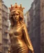 Placeholder: Statue of Queen of photography. Cute blonde woman. Photographer in golden crown. Standing on the street. Big camera in her hand. hyperdetailed, photorealistic, trending on artstation, greg rutkowski, beksinski, kodachrome