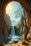 Placeholder: Hieronymus Bosch Style high quality picture waterfall in the desert sunny hot atmosphere dry tree