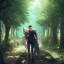 Placeholder: Boy carrying wounded girl, forest path background