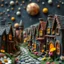 Placeholder: Detailed close-up street made of modeling clay and felt, village, stars, galaxy and planets, fairy, sun, volumetric light, Max Ernst, flowers, naïve, Tim Burton, strong texture, extreme detail, Yves Tanguy, decal, rich moody colors, sparkles, Harry Potter, bokeh, odd