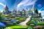 Placeholder: fairy and cosmic landscape with blue grass, magic plants, sky with light and stars. fairy white castle with diamond