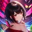 Placeholder: Clear focus, 8k, beautiful lighting, vibrant colors, girl, black hair, short hair, red eyes, red indigo-shaded hair, butterflies,