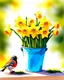 Placeholder: Gemini prompt: A beautiful watercolour painting of a bunch of daffodils in a vintage blue bucket. A robin bird stands beside the flowers. Blurred back ground. Hyper-realistic hyper-vibrant