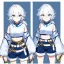 Placeholder: Clear focus, High resolution, rough line sketch art, short fluffy white hair, hair between eyes, fluffy hair, blue eyes, wearing a crop top, wearing shorts, detailed outfit, lots of details, bow on belt, white belt, white and blue everywhere on outfit, cut sleeve, yellow chains around outfit