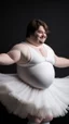 Placeholder: young man, obese; brown hair and fair skin, dancing in a white fluffy tutu. Full character. Elegant pose; HD, Studio shot, realistic.