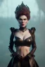 Placeholder: Hannah Waddingham as evil queen in black leather, busty, cleavage, curvy, lena headay, angry, stern look. character design by cory loftis, fenghua zhong, ryohei hase, ismail inceoglu and ruan jia. unreal engine 5, artistic lighting, highly detailed, photorealistic, fantasy