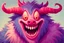 Placeholder: closeup on face of cute character with fur, horns and big toothy grin, peculiar character style, cute monster